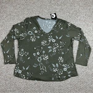 A&I Womens NEW Long Sleeve Blouse Top Green Floral Size 2X Dusty Olive Shook